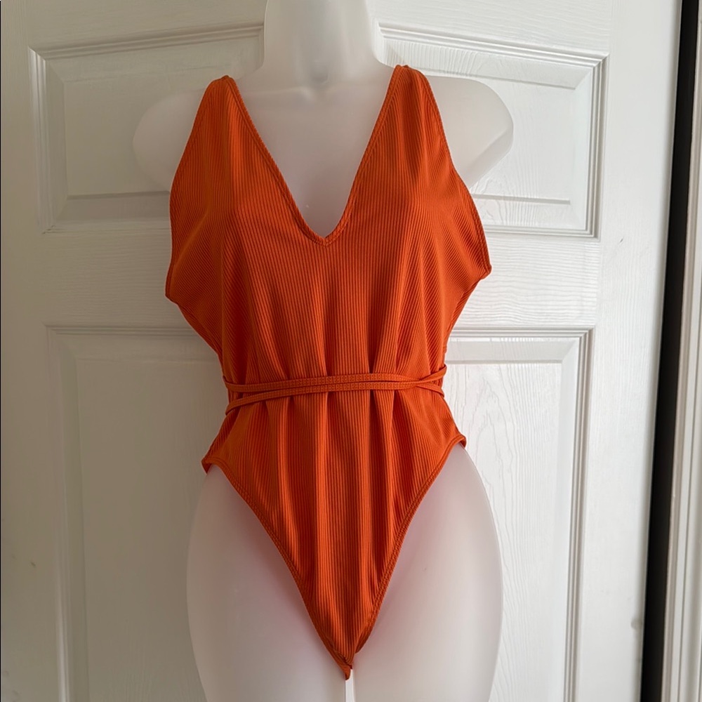 Orange Ribbed One-Piece Swimsuit